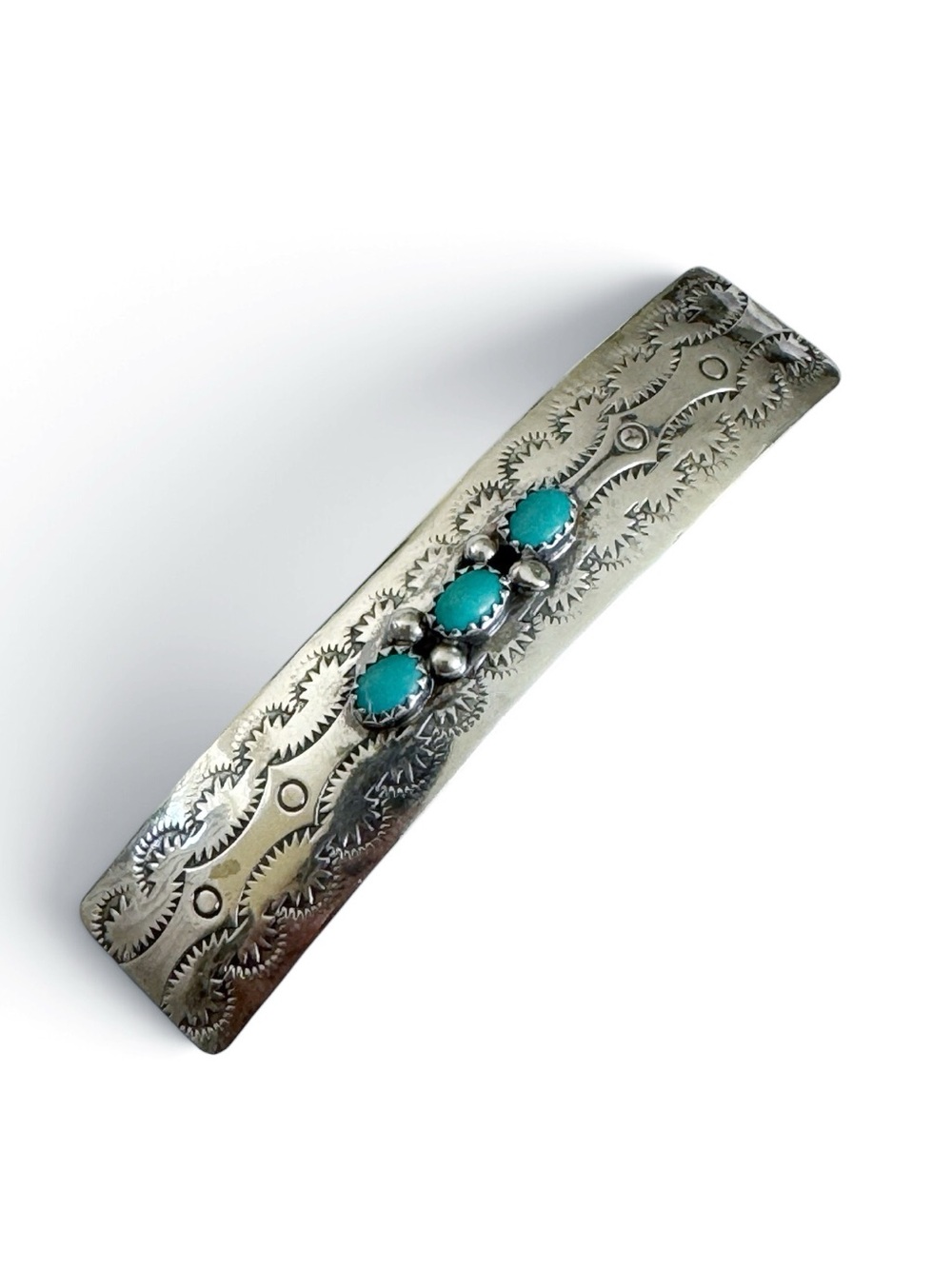 Navajo Hand Stamped Turquoise Hair Barrette Signed W Spencer Sterling Silver